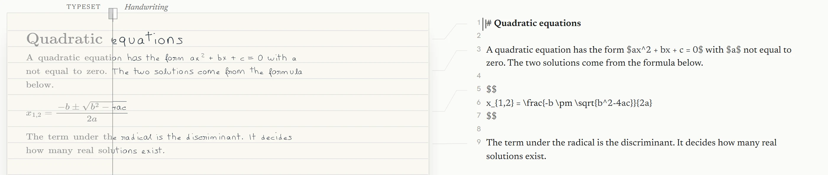 MyMath Ink with a note open. On the left, a page headed Quadratic equations shows the typeset text and formula with handwritten-looking ink drawn over it; on the right is the plain source text it is written from, with dollar-sign formulas.