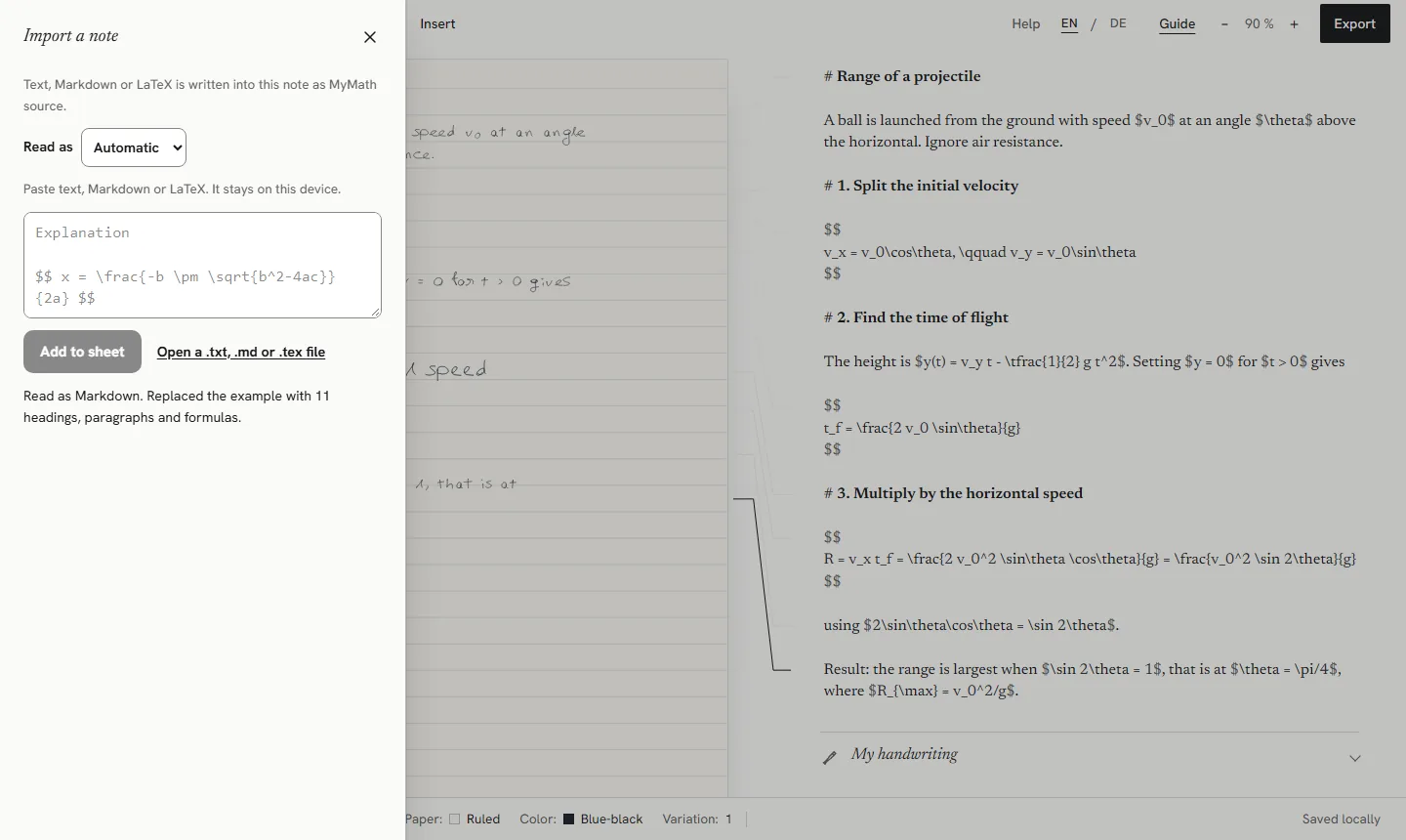 The Import a note dialog reporting that it read the text as Markdown and replaced the example with 11 headings, paragraphs and formulas; beside it, the converted source now uses dollar signs.