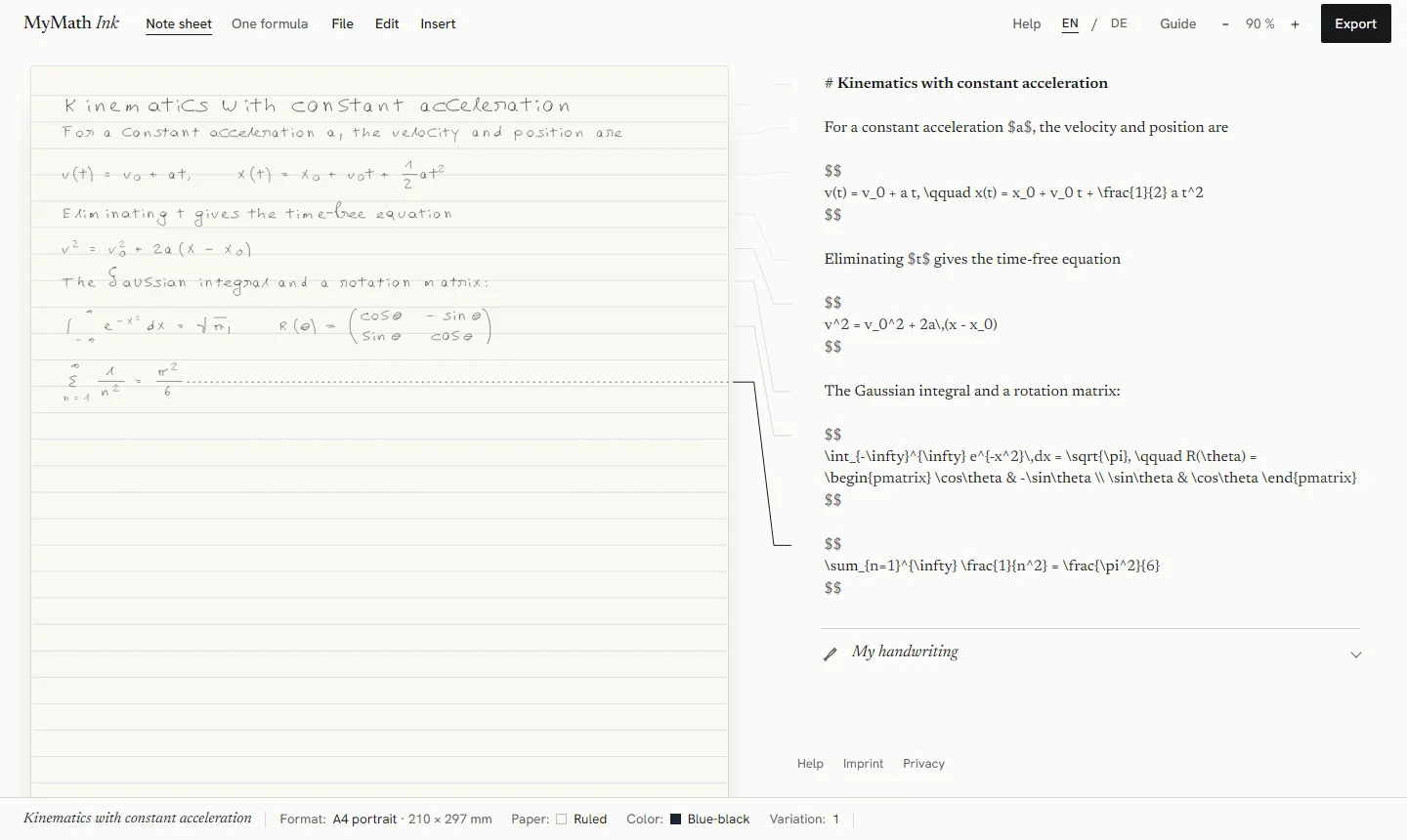 The MyMath Ink studio: the handwritten kinematics page on the left, the LaTeX source that produced it on the right.