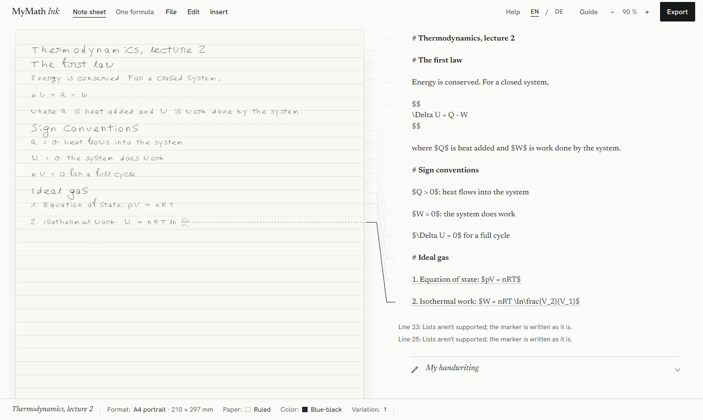The MyMath Ink studio after importing the thermodynamics note: the handwritten page on the left, the converted source on the right with notes about list markers under it.
